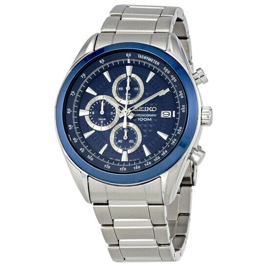 Мужские наручные часы с серебряным браслетом Seiko Chronograph Blue Dial Mens Watch SSB177P1