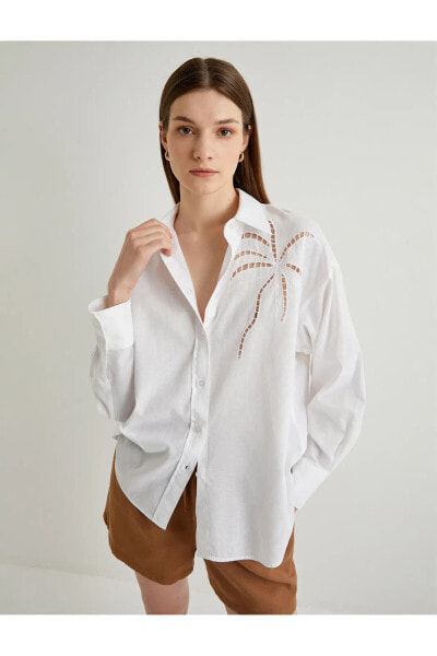 Рубашка женская Koton с вышивкой, модель Keten Karışımlı Gömlek Oversize Nakış Detaylı
