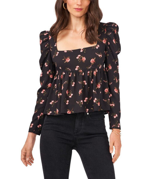 Women's Floral Long-Sleeve Square-Neck Empire Seam Blouse