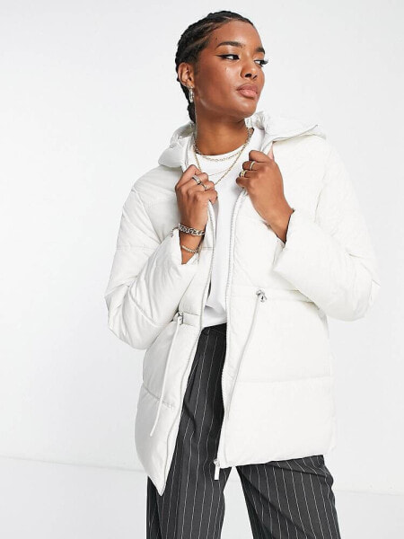  Selected Femme padded jacket with tie waist and hood in cream