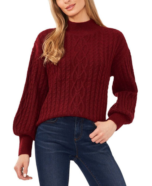 Women's Cable-Knit Mock Neck Bishop Sleeve Sweater
