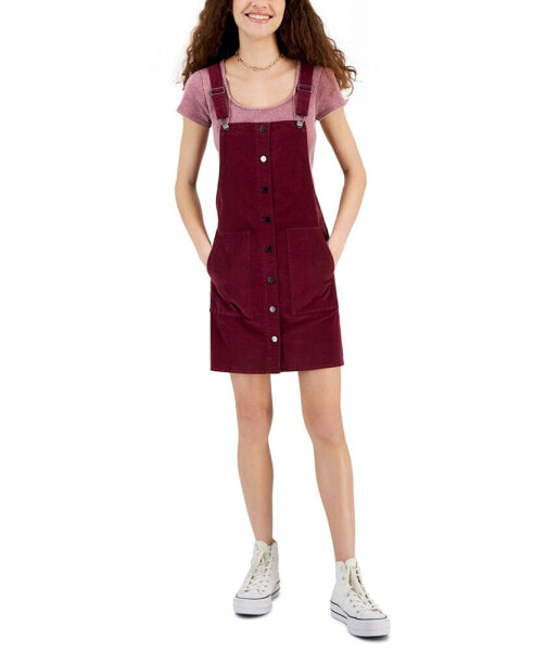 Juniors' Retro Velvet Button-Front Pinafore Dress