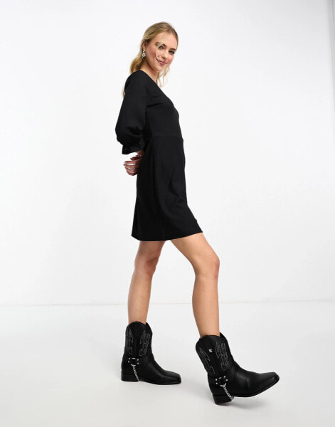 JDY v neck skater mini dress with cuffed sleeve detail in black