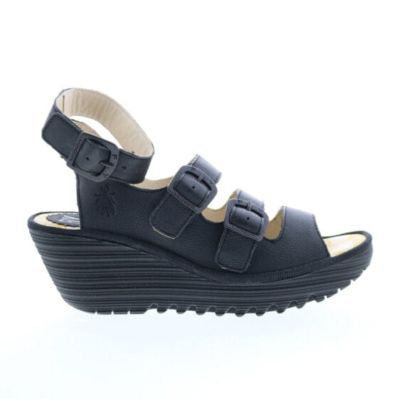 Fly London Yorn YORN388FLY-000 Womens Black Leather Wedges Sandals Shoes