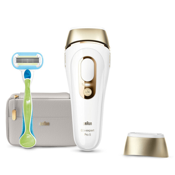 Braun Silk-expert Pro 5 PL5014 IPL with 2 extras: Venus razor and premium pouch - Gold - White - Intense pulsed light (IPL) - United Kingdom - NE PAS UTILISER sur :• le cuir chevelu - les sourcils et autour des yeux. Utiliser l’appareil... - AC - Lithium-Ion (L