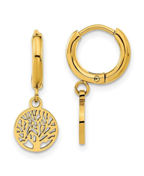 Stainless Steel Polished Yellow plated Tree Dangle Hoop Earring