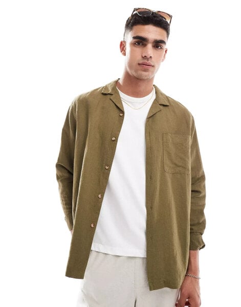 ASOS DESIGN relaxed revere shirt in linen mix with patched pocket in khaki