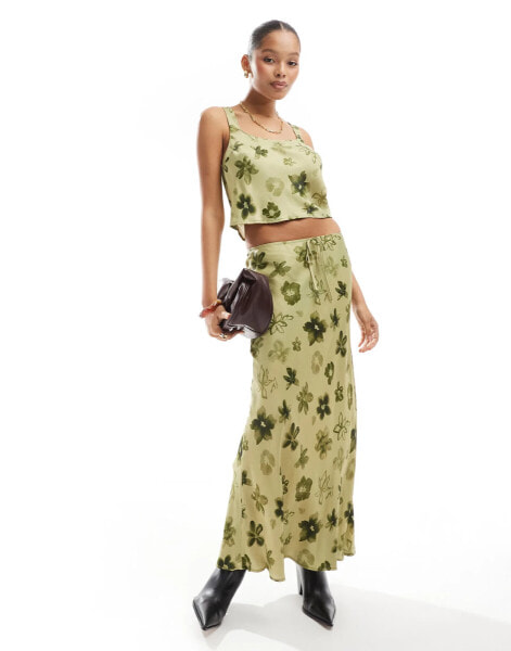 ASOS DESIGN drawstring detail bias maxi skirt co ord in green floral