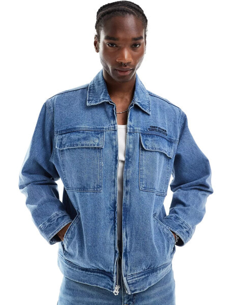 Obey zip through denim jacket with pockets in light indigo wash