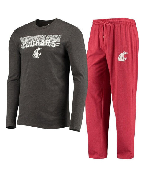 Men's Crimson, Heathered Charcoal Distressed Washington State Cougars Meter Long Sleeve T-shirt and Pants Sleep Set