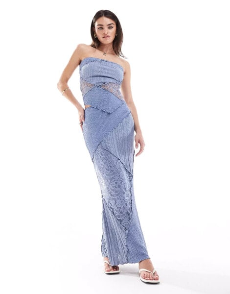 Miss Selfridge mixed texture fluted maxi skirt in blue