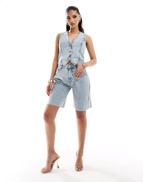 Kaiia denim longline shorts co-ord in blue acid wash