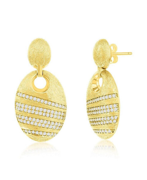 Gold Plated Over Sterling Silver Double Oval Brushed CZ Earrings