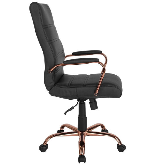 High Back Black Leather Executive Swivel Chair With Rose Gold Frame And Arms