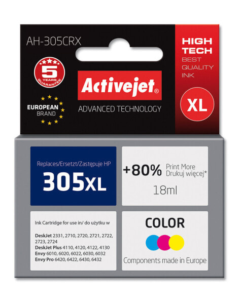 Activejet AH-305CRX ink for HP printer; HP 305XL 3YM63AE replacement; Premium; 18 ml; color - High (XL) Yield - Dye-based ink - 18 ml - 360 pages - 1 pc(s) - Single pack