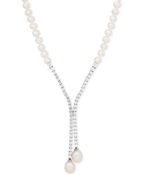 Arabella cultured Freshwater Pearl (5mm & 10 x 8mm) & Cubic Zirconia Lariat Necklace in Sterling Silver, Created for Macy's