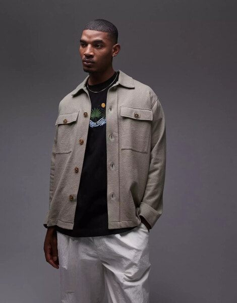 Topman oversized fit linen blend button through shacket in khaki