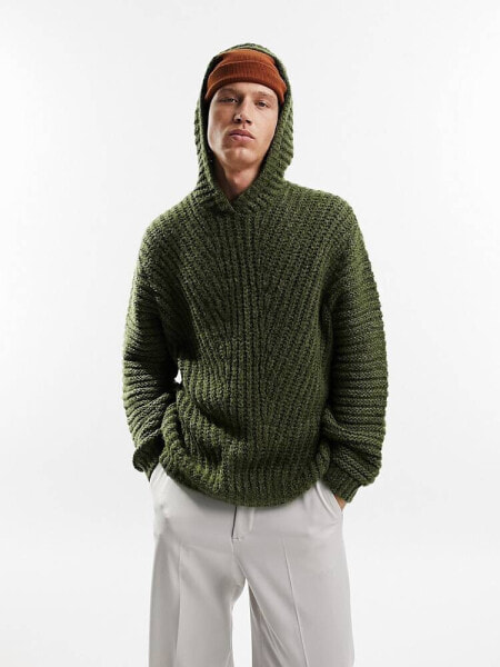 ASOS DESIGN oversized fit knitted rib hooded jumper in green 