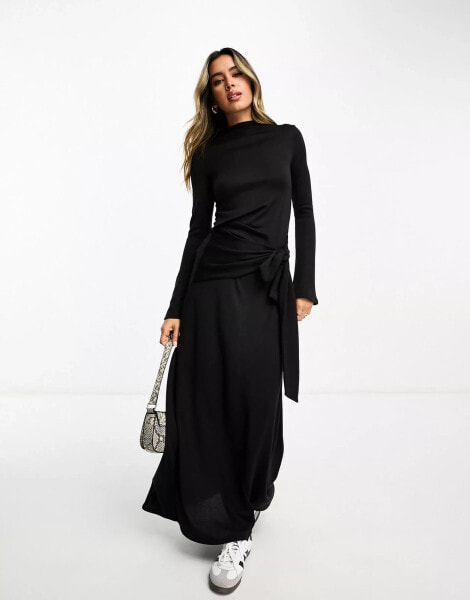 ASOS DESIGN drape dress with grown on neck and self tie in black