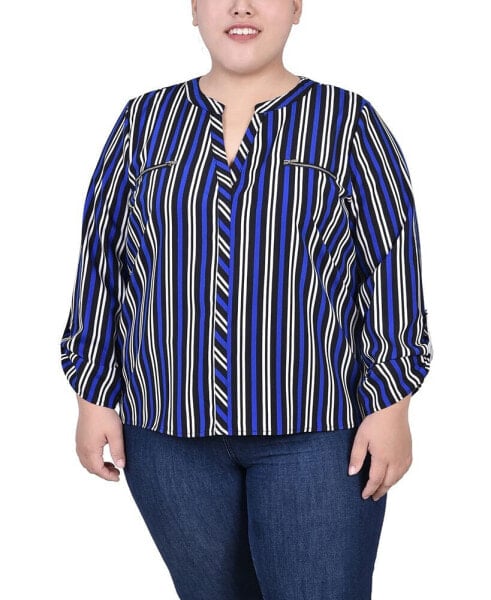 Plus Size Long Roll Tab Sleeve Zip Pocket Blouse