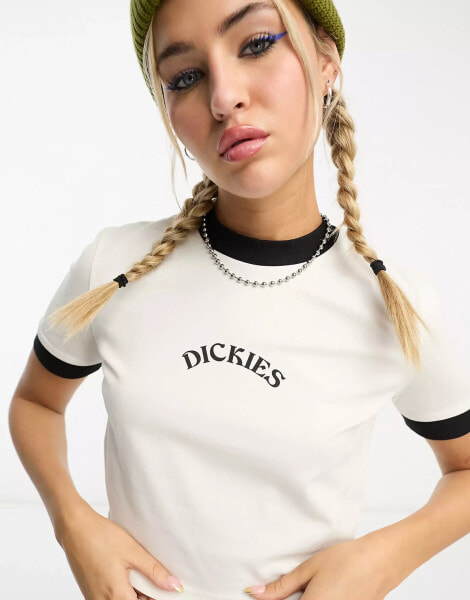 Dickies warm springs baby t-shirt with central logo and contrast trim in off white