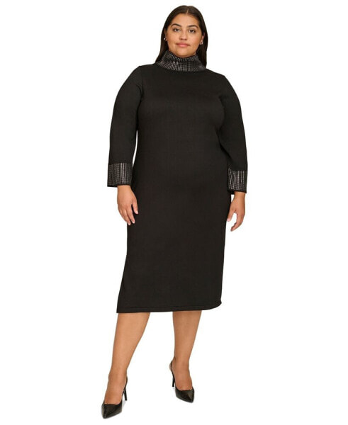 Plus Size Embellished Mock Neck Long-Sleeve Dress