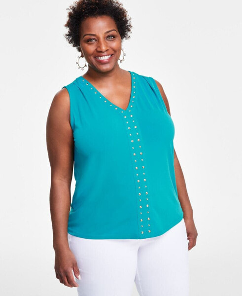 Plus Size V-Neck Stud-Trim Top, Created for Macy's