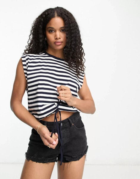 ASOS DESIGN oversized tank with rolled sleeve and drawstring hem in stripe