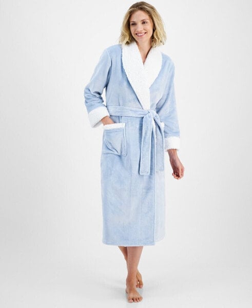 Women's Long Plush Fleece-Trim Robe, Created for Macy's