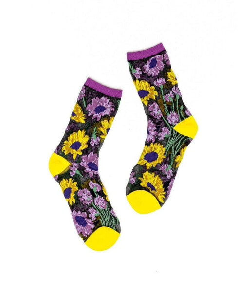 Women's Mixed Sunflowers Black Sheer Sock