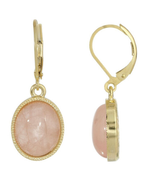 14K Gold Plated Rose Quartz Semi Precious Oval Drop Earrings