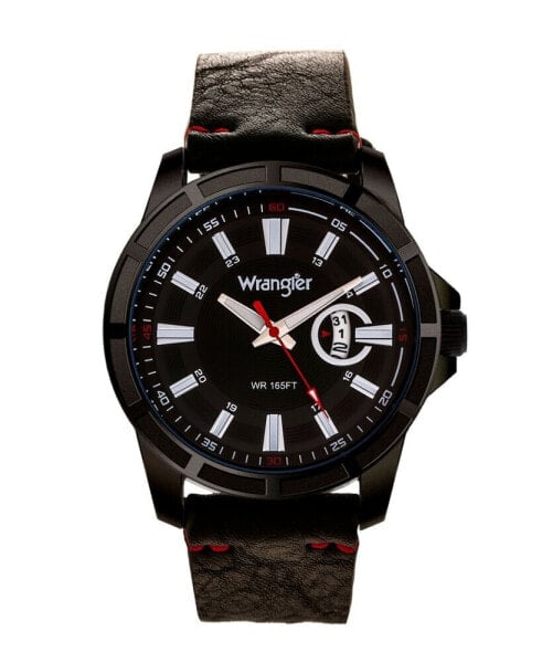 Men's Watch, 46MM IP Black Case with Cutout Bezel, Black Milled Dial with White Index Markers, Analog, Red Second Hand and Cutout Crescent Date Function, Black Strap with Red Accent Stitch