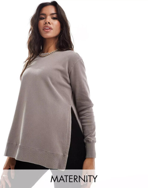 Cotton On Maternity classic stud side fleece crew sweatshirt in washed brown