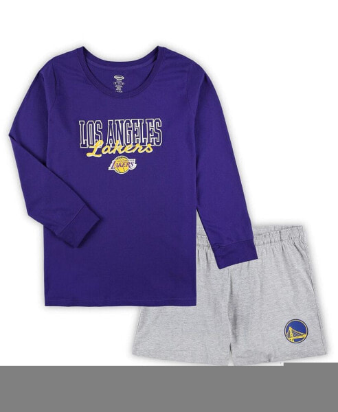 Women's Purple, Heather Gray Los Angeles Lakers Plus Size Long Sleeve T-shirt and Shorts Sleep Set