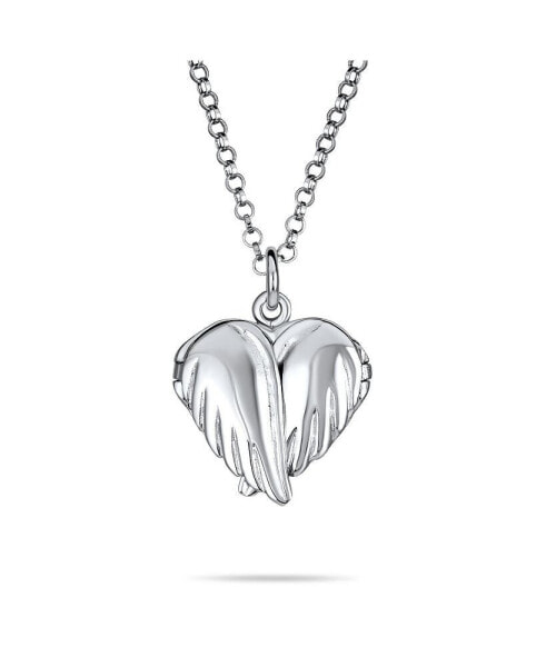 Bling Jewelry plain Dome Protection Guardian Angel Wing Feathered Heart Shaped Keepsake Locket For Women Teens Holds Photos Pictures .925 Silver Necklace Pendant Customizable