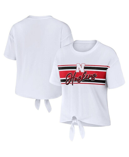 Women's White Nebraska Huskers Striped Front Knot Cropped T-shirt