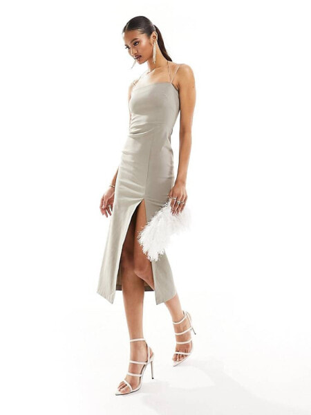 Vesper exclusive strappy detail thigh split midi dress in stone