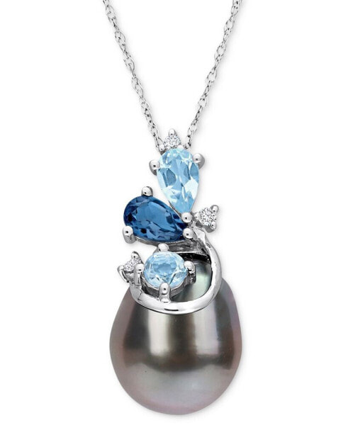 Macy's cultured Tahitian Pearl (9-10mm), Blue Topaz (5/8 ct. t.w.), & Diamond Accent 17" Pendant Necklace in 14k White Gold
