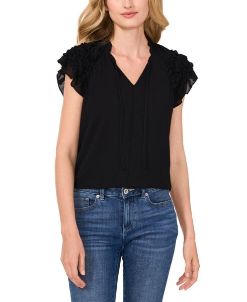 Women's Ruched Ruffle Raglan Sleeve V-Neck Blouse