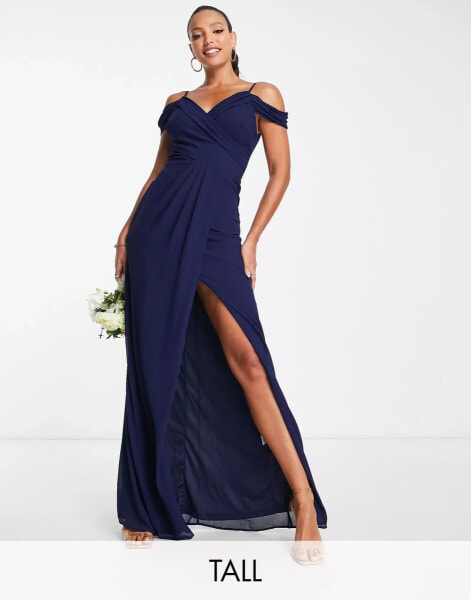 TFNC Tall Bridesmaid drape shoulder wrap dress in navy blue