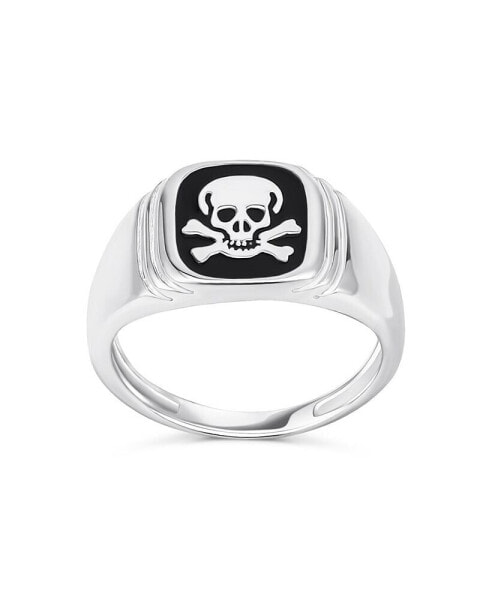 Elegant Statement Classic Flat Black Natural Onyx s Signet Skull Crossbones Ring For Women Sterling Silver