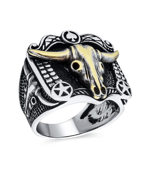 Men's Black Textured Animal Buffalo Cow Skull Antelope Goat Big Texas Longhorn Skull Men's Signet Ring Two Tone Sterling Silver