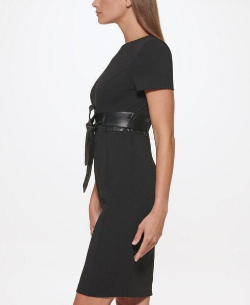 Solid Faux-Leather Tie-Waist Sheath Dress