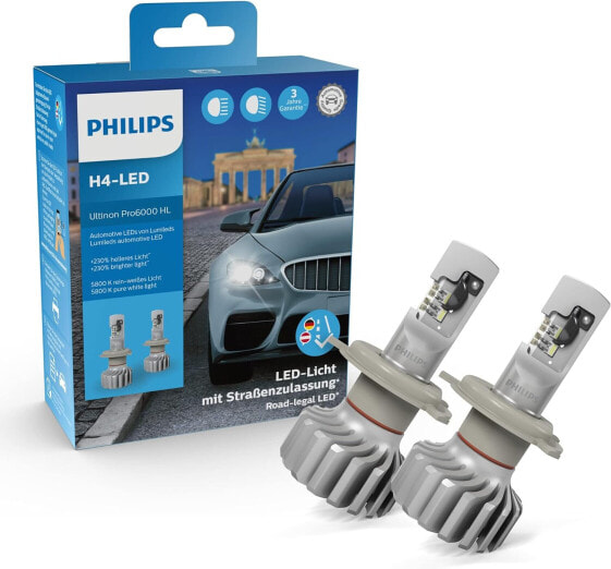 Philips Ultinon Pro6000 H4 LED Headlight Bulb with Road Legal, 230% Brighter, 5800K