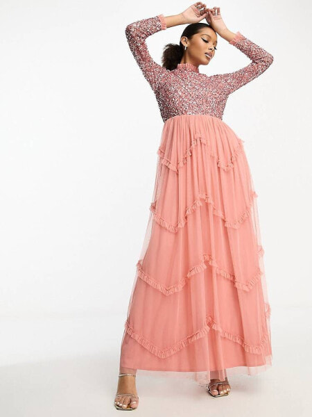 Maya delicate sequin long sleeve ruffle skirt maxi dress in terrocota pink