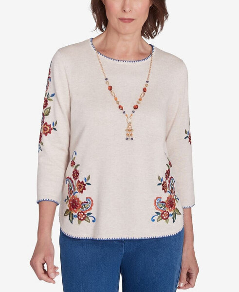 Harvest Moon Women's Paisley Floral Top with Detachable Necklace