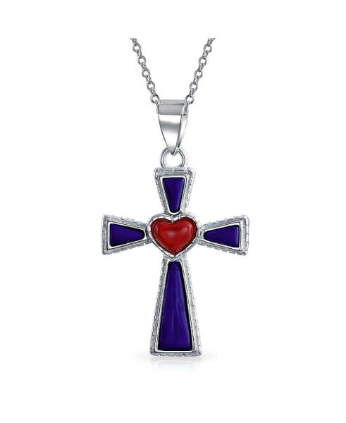 South Western Style Gemstone Created Blue Lapis Lazuli Red Heart Cross Pendant Religious .925 Sterling Silver Necklace For Women Teen