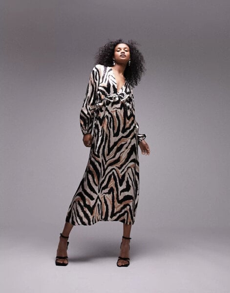 Topshop long sleeve riviera midi dress in animal print