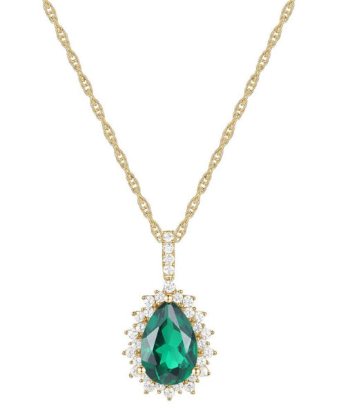 Lab-Grown Emerald (2-1/4 ct. t.w.) & Lab-Grown White Sapphire (1/2 ct. t.w.) Pear Halo 18" Pendant Necklace in 14k Gold-Plated Sterling Silver