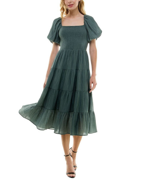 Juniors' Crinkled Balloon-Sleeve Tiered Midi Dress